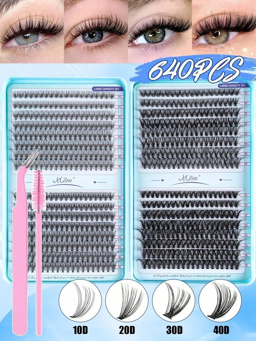 Eyelash Extension Volume - 640pcs Mixed 10D-60D Lash Clusters, 0.07mm